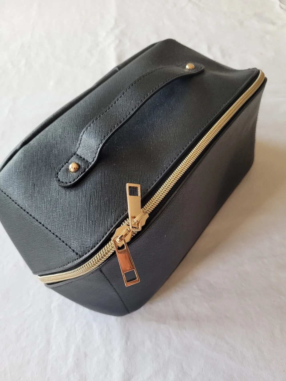 CHICOs Women's Black Leather Travel Dopp Kit with Gold Hardware And Leopard Line